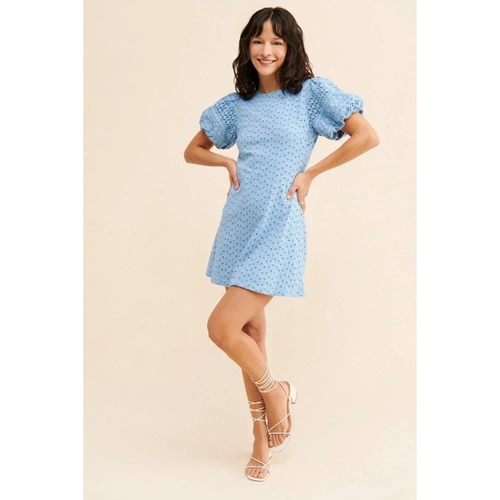 Free People Light Blue Eyelet Puff Sleeve Open Back Mini Dress Large